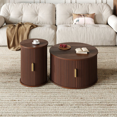 Mid-Century Coffee Table Set With Sliding Tambour Door, Round Fluted End Table, Golden Handle, Wooden Finish, Set Of Two
