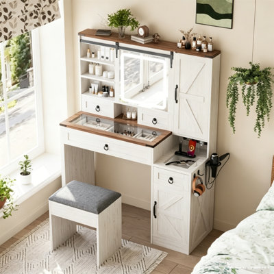 Farmhouse Glass Top Vanity Table with Sliding Lighted Mirror, Charging Station, 4 Drawers, 2 Cabinets & Stool, Bedroom Dressing Vanity Set
