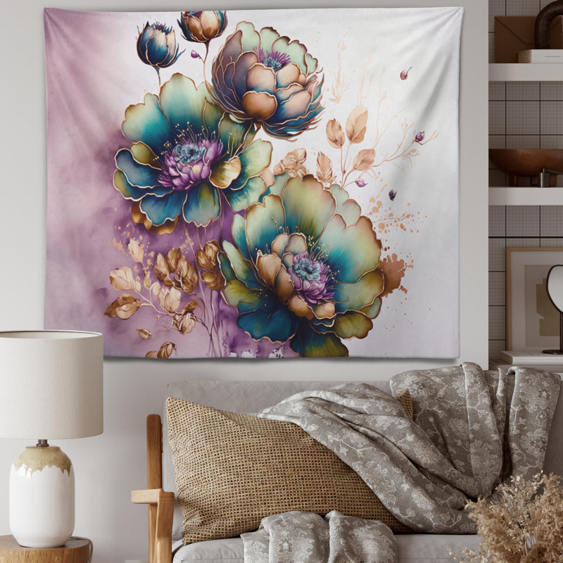 Green And Blue Violet Floral Design II Polyester Tapestry, 32" H x 39" W