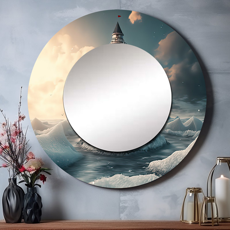 Piuesh Fantasy Lighthouse In The Arctic Ocean II - Beach Large Mirror, Blue Round Unique Wall Mirror Decor, Printed Metal Art