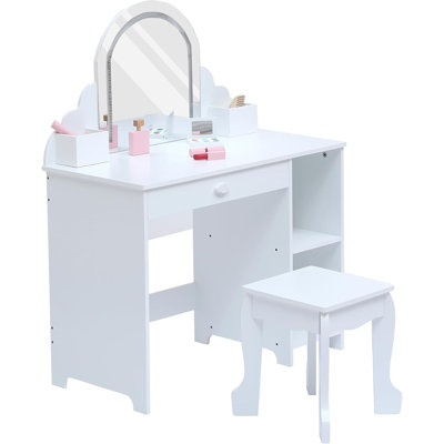 Lighted Mirror & Open Shelves Vanity Desk - Princess Makeup Table with Stool, Drawer & Pretend Toys, Wooden Dressing Table by Latitude Run