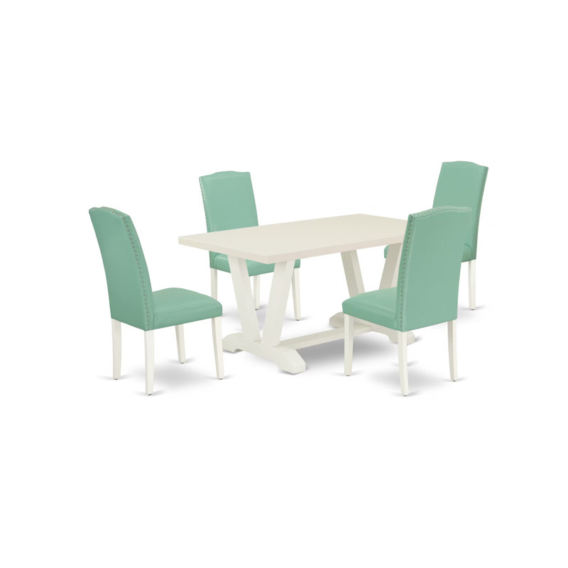 5 Piece Dining Room Furniture Set Includes a Rectangle Dining Table with V-Legs and 4 Pond Faux Leather Parsons Chairs, Wire Brushed Linen White