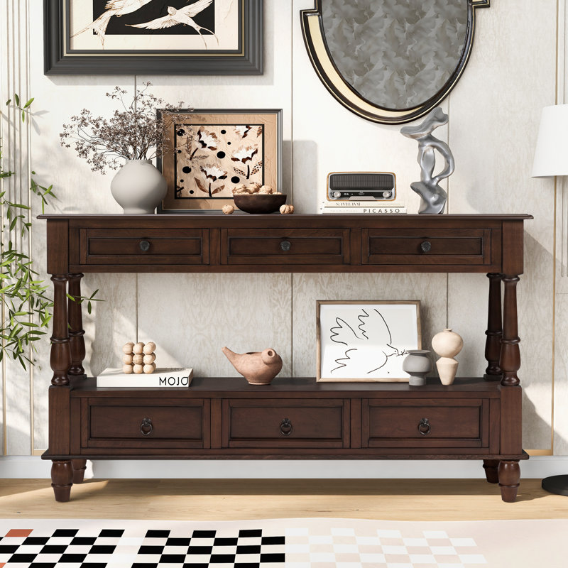 Console vintage en bois massif de 54 po avec 6 tiroirs et une tablette, Espresso
