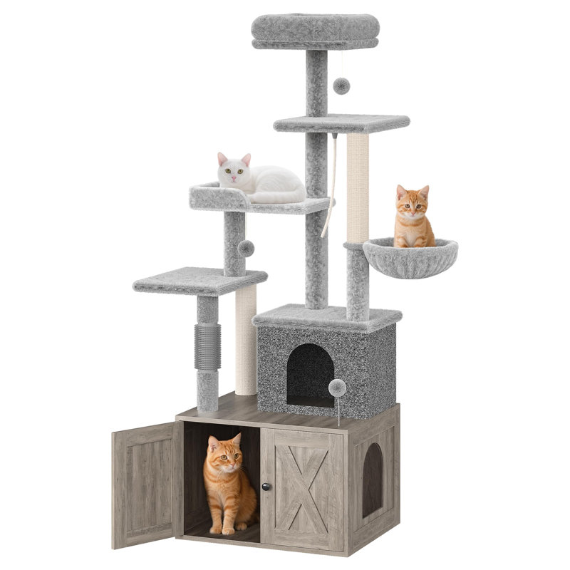 Tour pour arbre à chat moderne avec bac à litière caché - Condo à plusieurs niveaux, hamac, poteaux à griffer, plateforme de perchoir - Mobilier de salle de bain pour chat intégré - Armoire à litière pour chat fermée