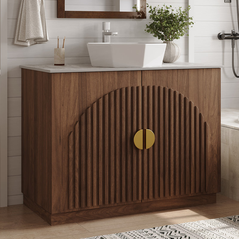 36" Vintage Brown Walnut Bathroom Vanity Base With Stone Countertop, Ceramic Sink, Included Drain & Adjustable Shelf, Gray