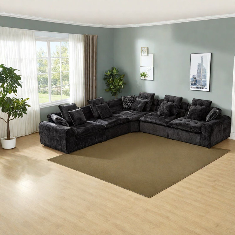 Canapé d'angle surdimensionné en boucle noire, canapé modulaire moderne 5 places en forme de L pour la maison, Noir