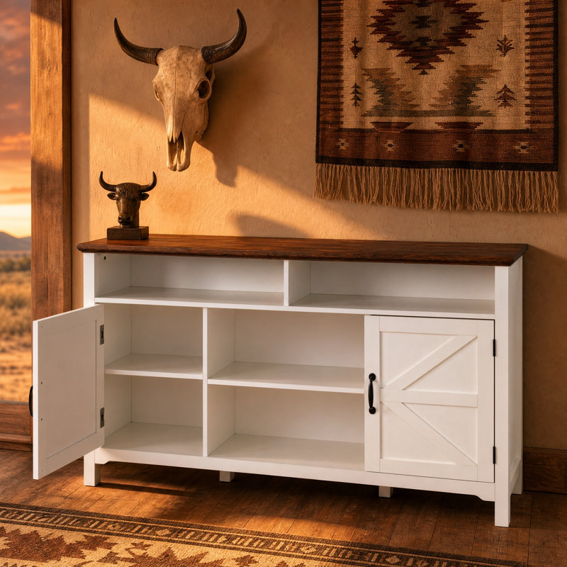 Buffet rustique Western Farmhouse avec portes à charnières de style grange, console de rangement réglable de 58 pouces, armoire à café en bois blanc antique pour vestibule, salle à manger et salon