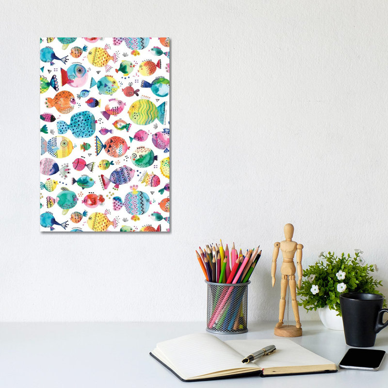Cute Puffer Fishes Watercolor Multi by Ninola Design - Wrapped Canvas Painting, 20.32 cm H x 30.48 cm W