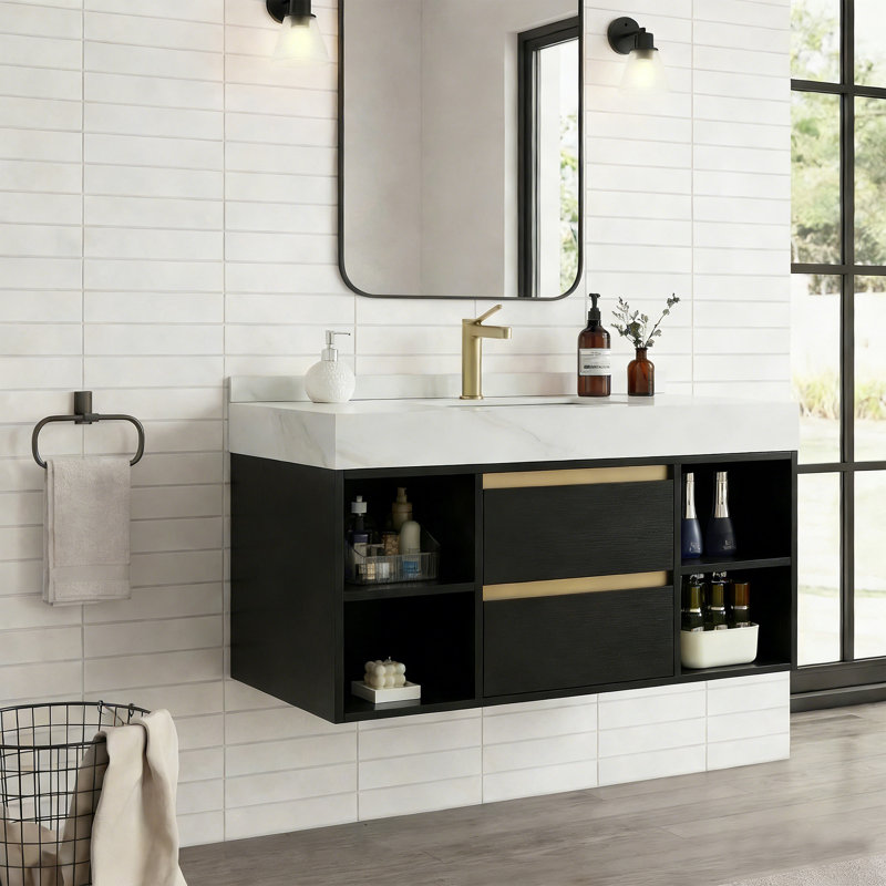 Meuble-lavabo flottant moderne avec plateau en pierre brunie et poignées dorées 39,4 po Gorana