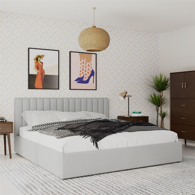 Lit plateforme tapissier avec rangement Brittany, Roi, Gris clair
