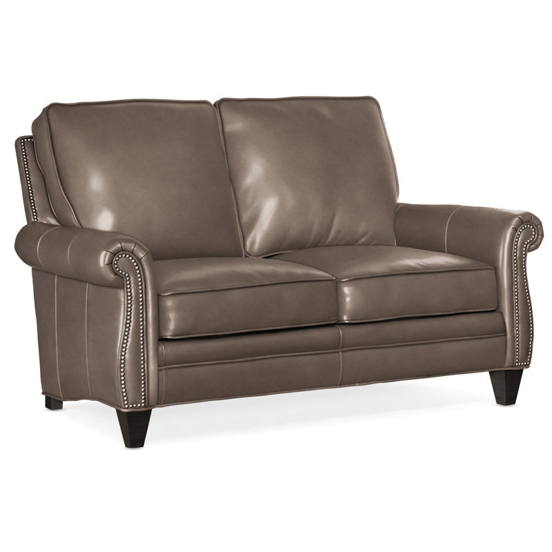 Reddish Leather Loveseat, Plantation, #9 Pewter, Anilina Cacao Genuine Leather
