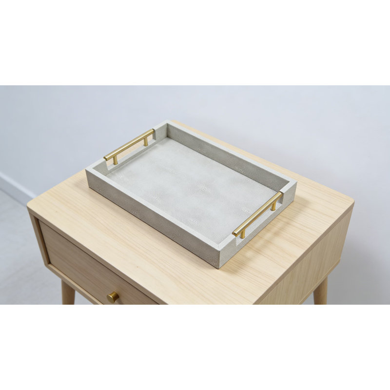 Set Of 2 Wooden Serving Trays With Gold Metal Handles, Vegan Leather Wrapped Ottoman And Coffee Table Tray For Home Decor And Entertaining