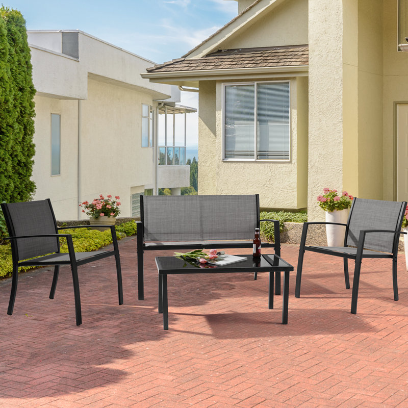 4 Pcs All-Weather Patio Furniture, Modern PVC-Coated Polyester Bistro Sets Poolside Lawn Balcony Chairs With Loveseat And Glass Coffee Table