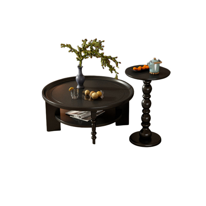 Black Solid Wood Round Coffee Table Sets, Black