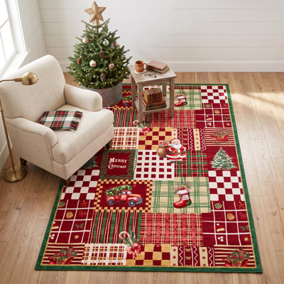 Tapis en patchwork traditionnel de Noël de style ferme, tapis vintage lavable et antidérapant pour les fêtes