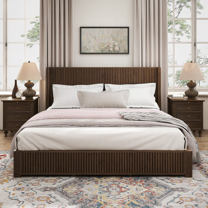 Solid Wood Platform Bed Frame With Headboard, No Box Spring Needed, Floor-Standing Bed, Easy Assembly, Walnut, King