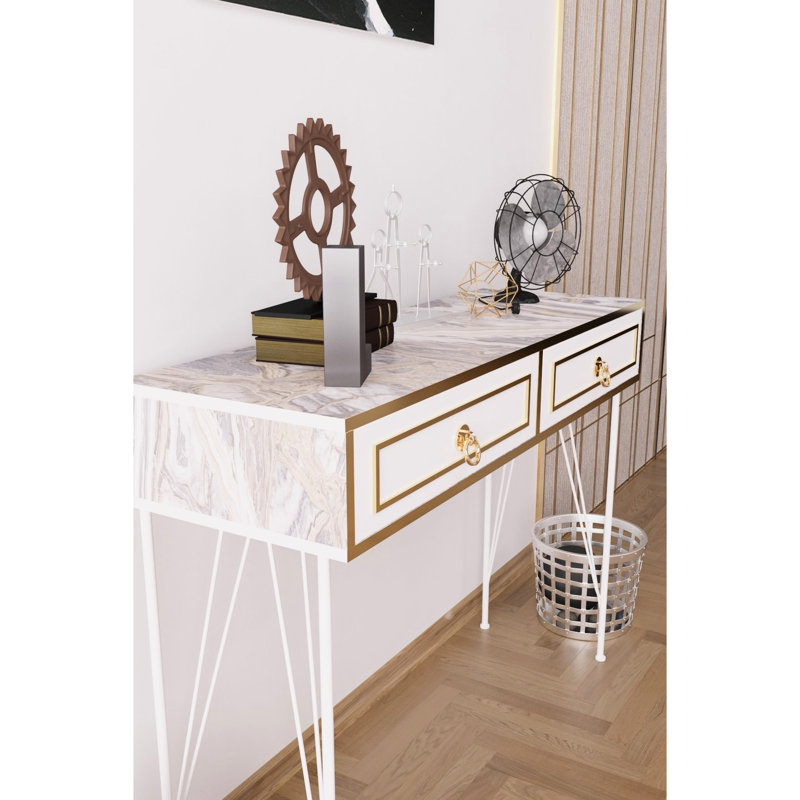 Console en bois avec pieds en métal, couleur blanche, 47 po de profondeur, 14 po de largeur, 35 po de hauteur