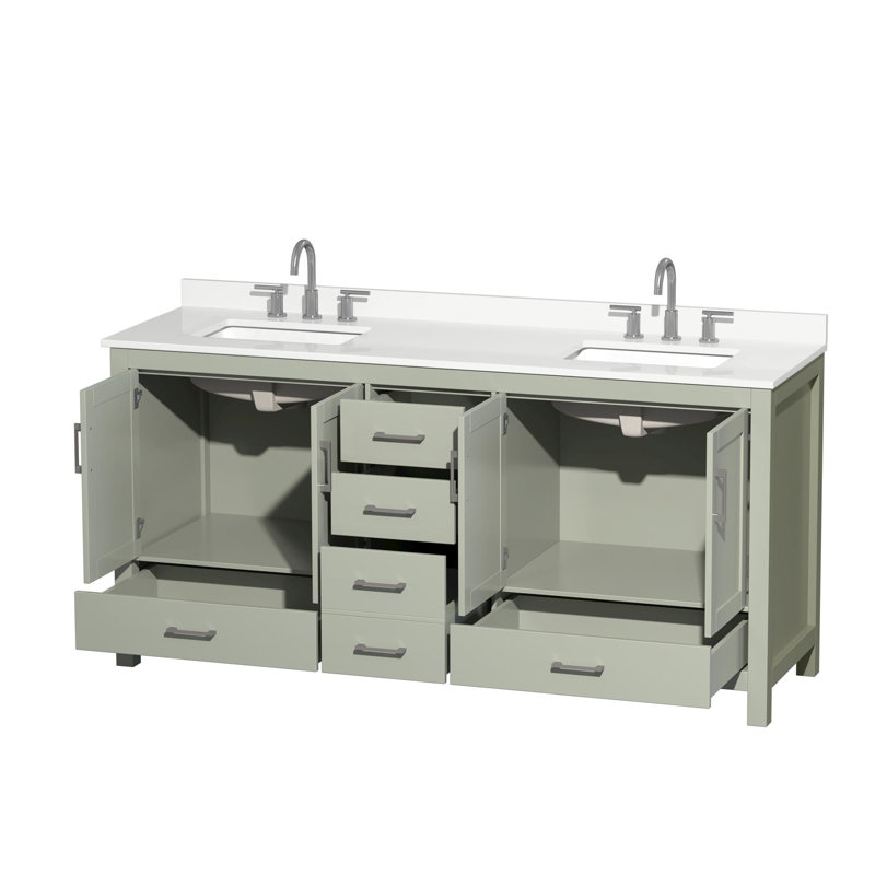 Sheffield 72" Freestanding Double Bathroom Vanity with Quartz Top, Giotto Quartz, Green, Brushed Nickel