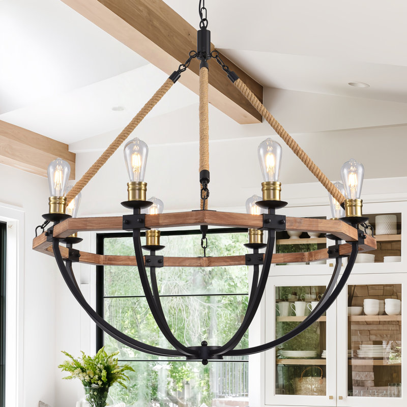 Farmhouse Chandelier For Dining Room Light Fixture, 8-light Wood Chandelier With Adjustable Height Rustic Industrial Pendant For Dining Room, Kitchen Island, Entryway