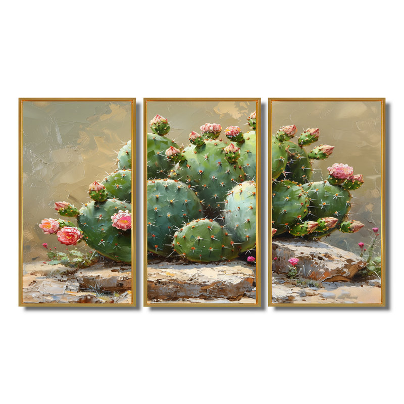 Shoshana - Ensemble de décoration murale cactus floral, Cadre flottant doré, H 28 po x l 36 po