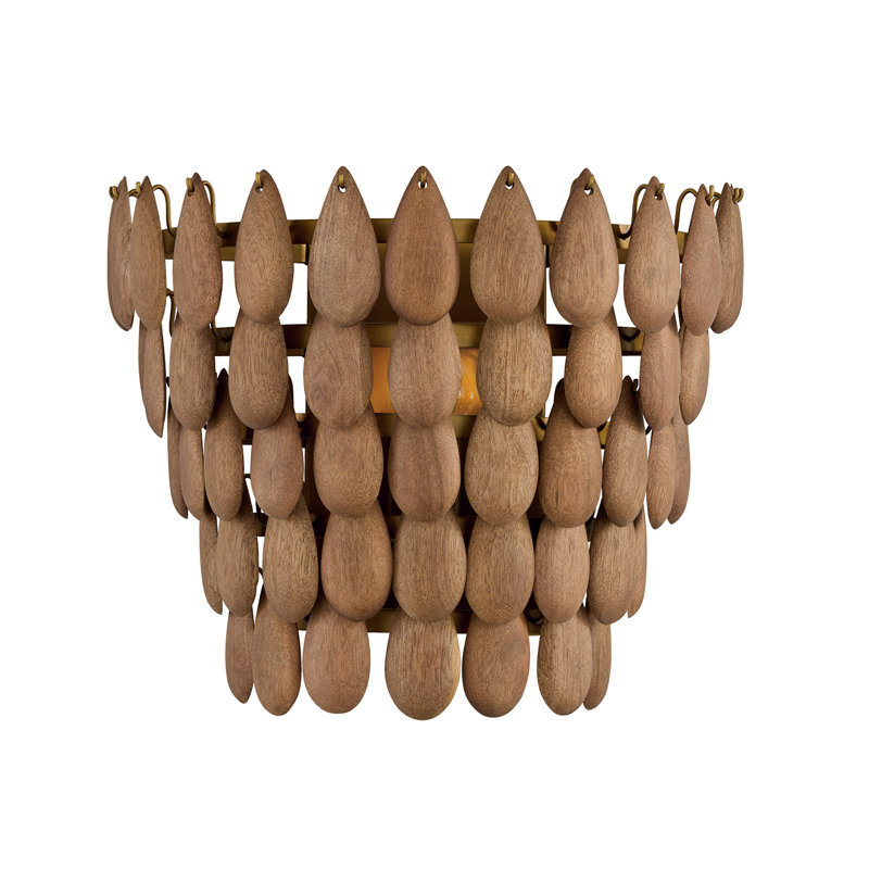 11.5" H x 13.5" W 1-Light Flush Mount Sconce in Hand-distressed Patinaed Brass and Handcrafted Mango Wood