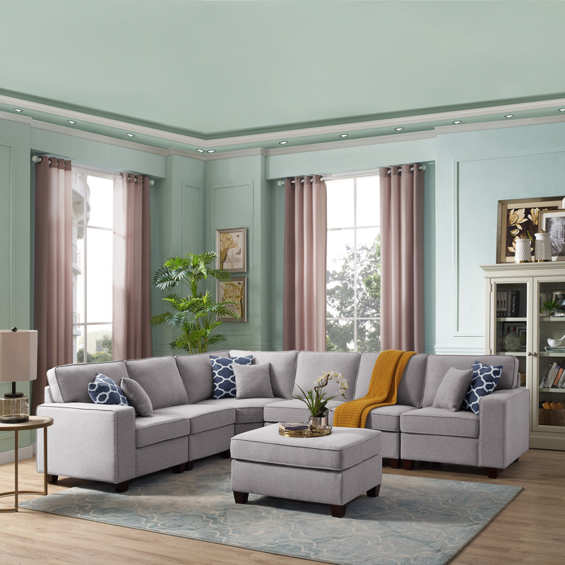 Bracken 136.25" Wide Left Hand Facing Modular Corner Sectional with Ottoman, Light Gray Linen Blend