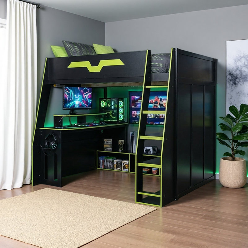 Lit mezzanine double en bois avec bureau, Vert