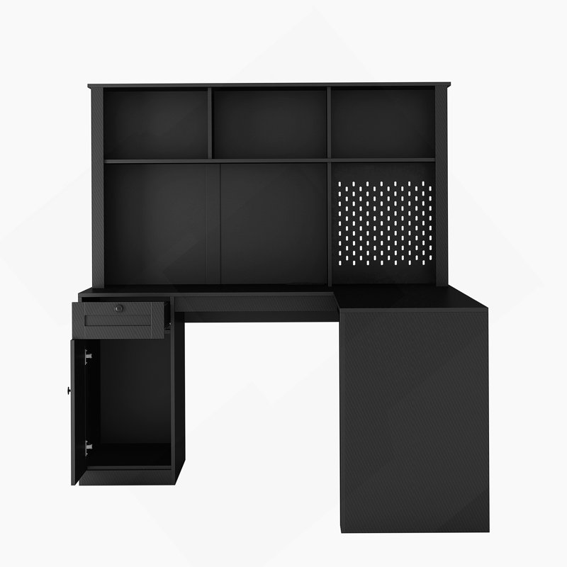 Bureau en L avec chargeur, bureau d'ordinateur avec tiroirs, bibliothèque, bureau d'angle moderne, bureau personnel, bureau d'écriture en L, bureau d'ordinateur en fibre de carbone avec rangement, noir