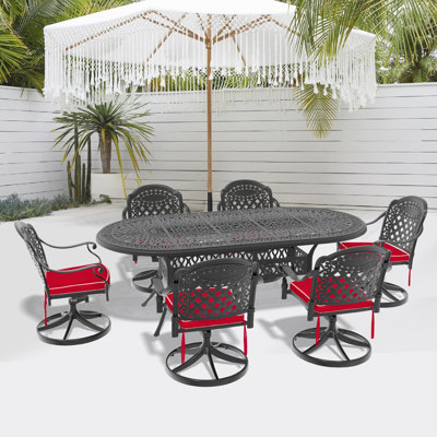 Ensemble repas d'extérieur 7 pièces rectangulaire en fonte d'aluminium avec chaises pivotantes, coussins et trou pour parasol