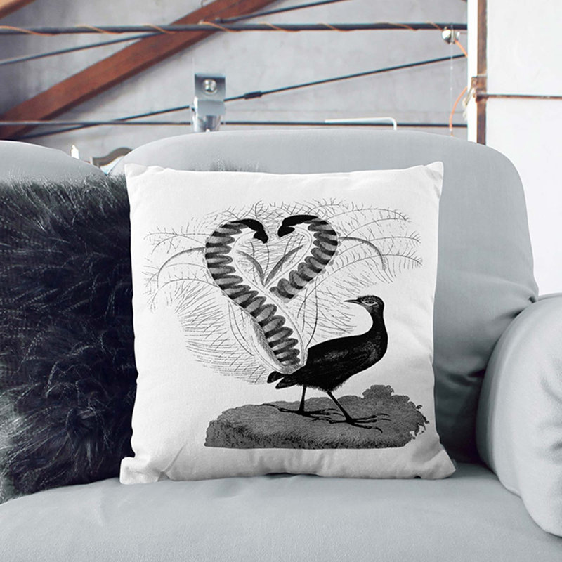 Lyrebird Illustration Cushion with Filling, Black, 40cm H x 40cm W x 15cm D