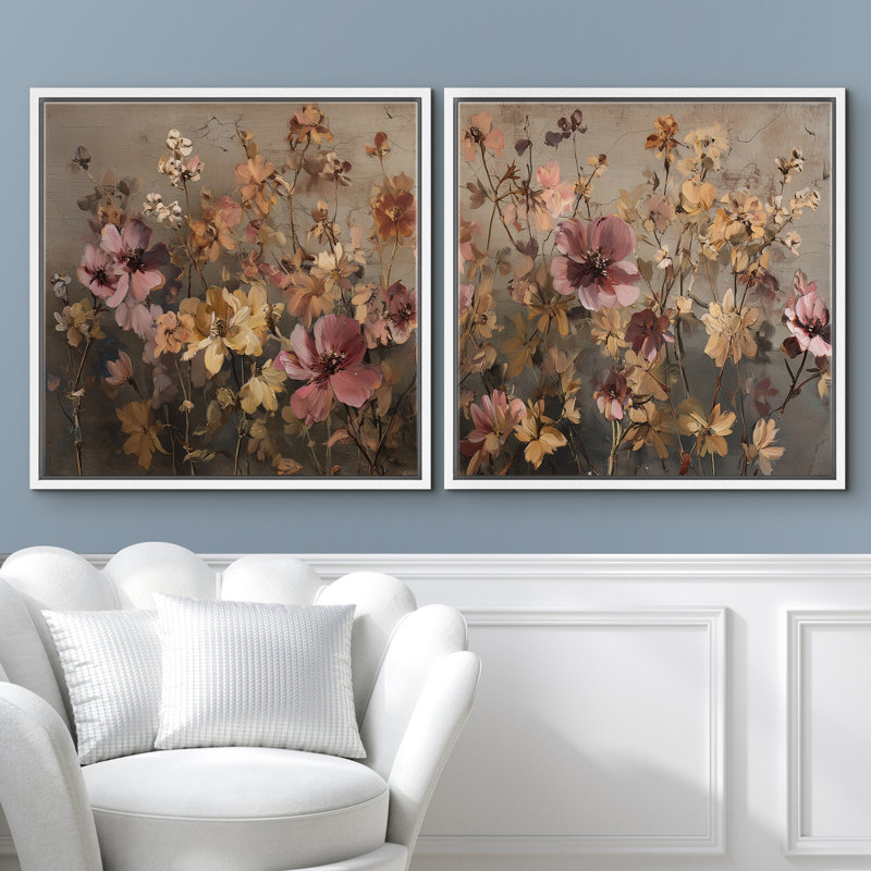 Muted Pastel Wildflower Meadow Floral Wall Decor Framed Master Bedroom Wall Art Work 2 Pieces Print, White Floater Frame