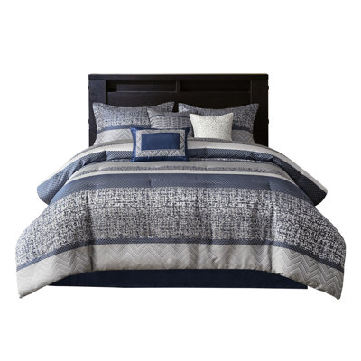 Comforter Navy King - 7 Piece With & Pillows Stylish Bedding Stripe Pattern