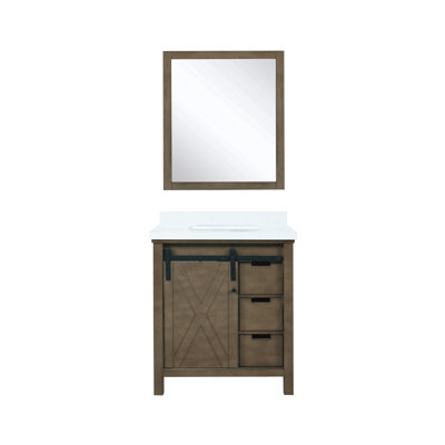 Brun rustique 30 po Meuble-lavabo avec comptoir en marbre de culture, 28 miroirs, fonction de fermeture en douceur et grand meuble-lavabo avec rangement, plateau, 1 armoire et 3 tiroirs