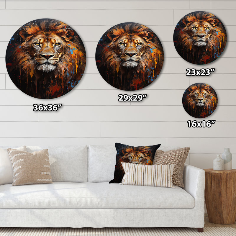 Lion, photographie avec I - animaux, art en métal rond, H 16 po x l 16 po