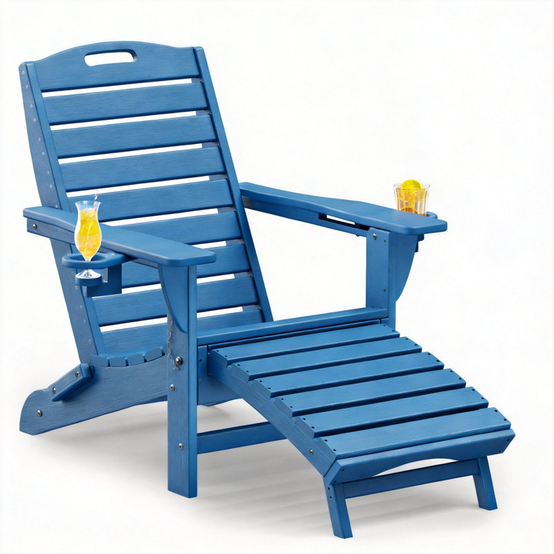 HDPE Adirondack Foldable Chair with Retractable Ottoman, Navy Blue