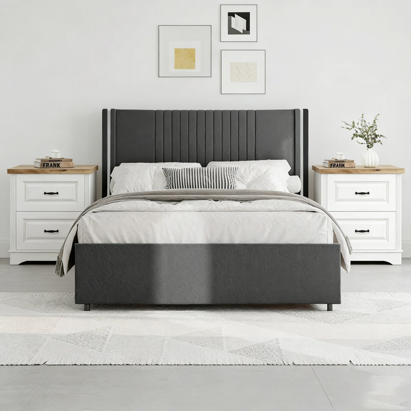 Ensemble de lit plateforme 3 pièces Modern, Lit double, Gris / Blanc