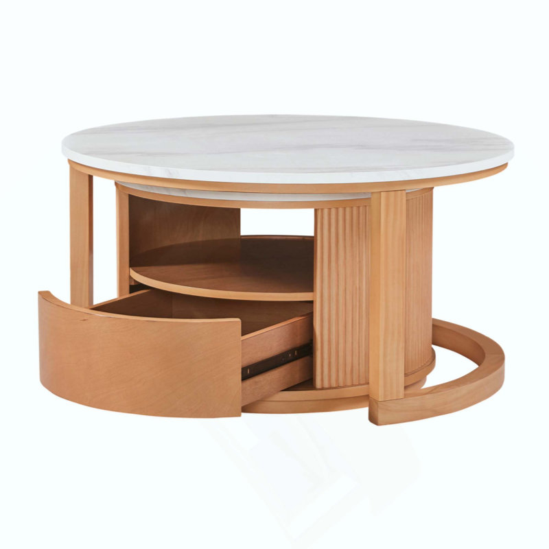 Table basse ronde gigogne avec plateau en marbre, rangement à 2 niveaux et 1 tiroir