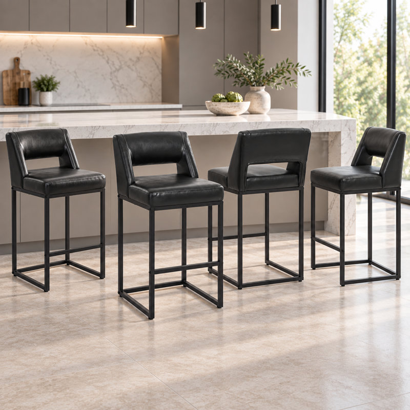 Counter Stool with Steel Frame, Black-Leather