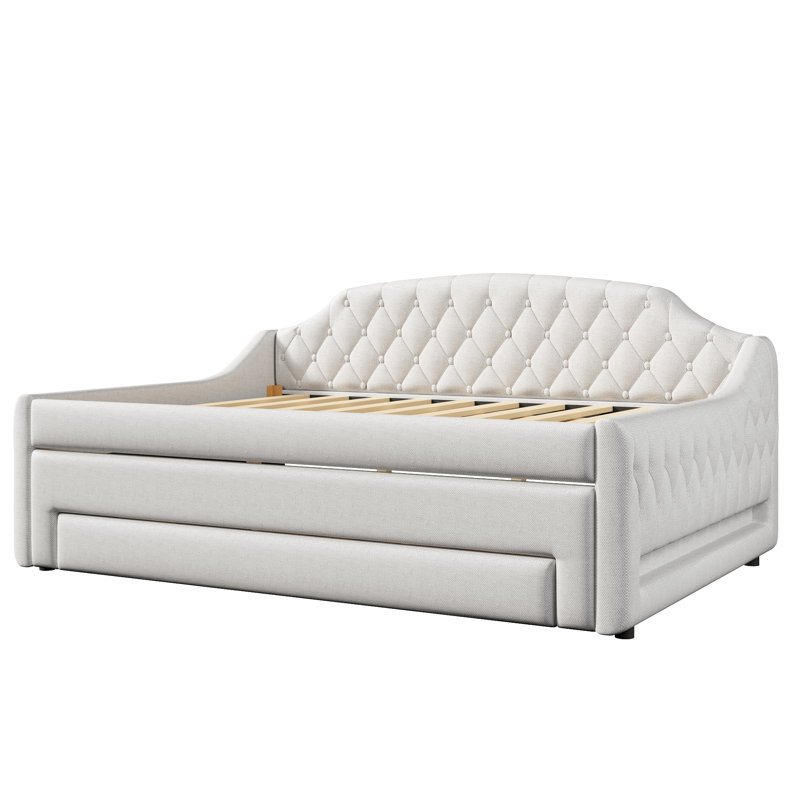 Full Size Upholstered Daybed with LED Belt, Trundle and Three Storage Drawers, Beige Finish, Beige