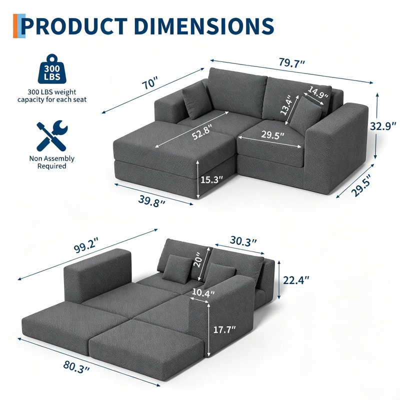 Canapé d'angle modulaire avec méridienne profonde, canapé en chenille en forme de L sans assemblage, agencement flexible