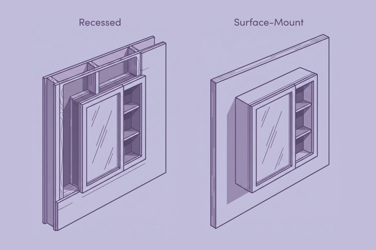 illustrated diagram showing the difference between recessed and surface-mount medicine cabinets on a wall