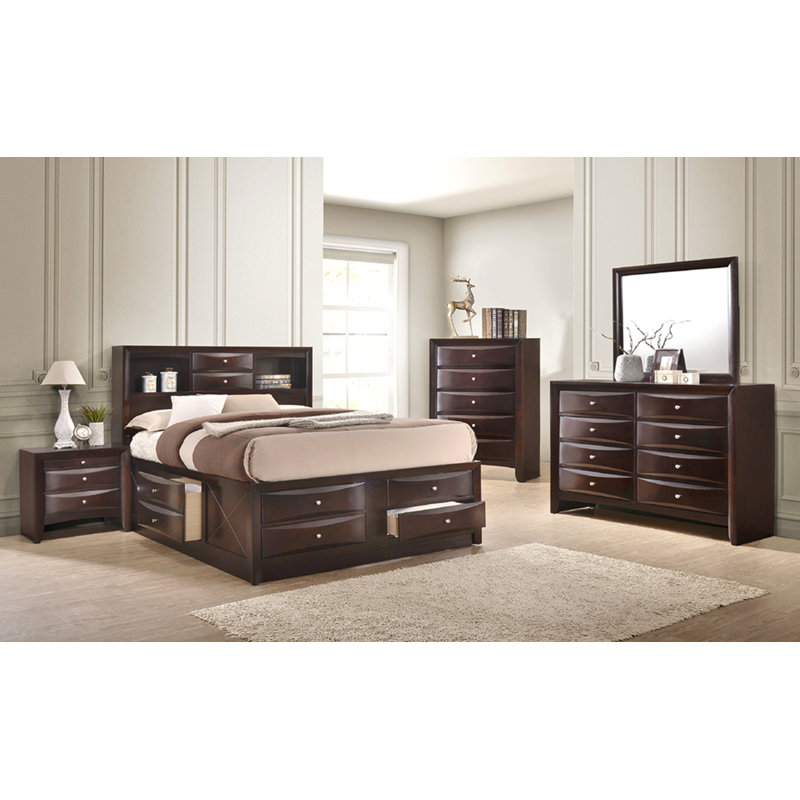 1pc Contemporary Queen Captain's Platform Bed Bookcase Shelves Headboard Side Storage Solid Wood Wooden Bedroom Furniture Cherry Finish