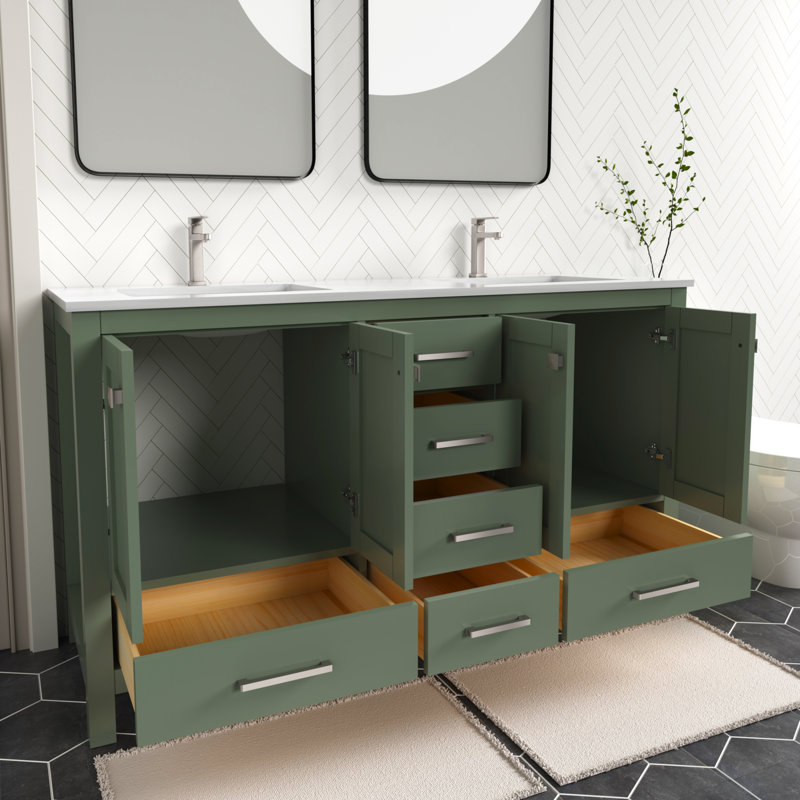 Meuble-lavabo autoportant 60 po Anvay, Marbre de Carrare blanc, Vert forêt