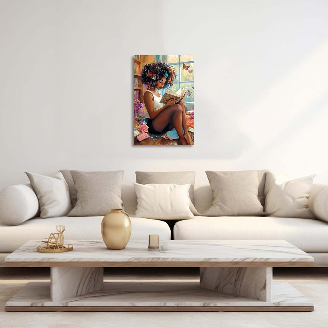 African American Wall Art Colourful Black Girl Reading Book Pictures Black Woman Canvas Prints Watercolor Butterfly Painting For Bedroom Decor Framed