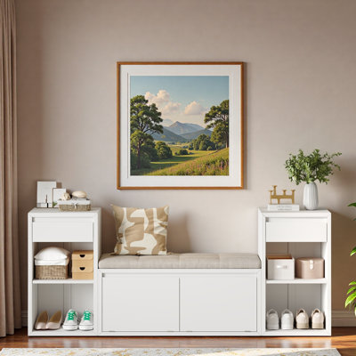 Banc de rangement avec coussin, compartiments, tiroirs et tablettes ouvertes