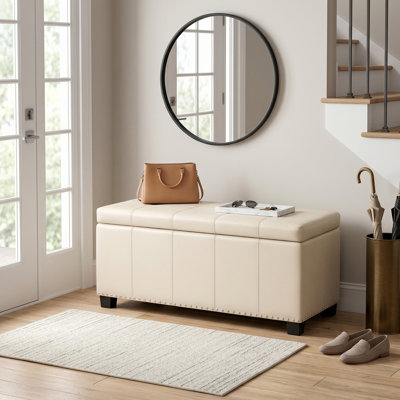 Amelia 33"W Upholstered Vegan Leather Transitional Rectangular Lift-Up Storage Ottoman Bench with High-Density Foam