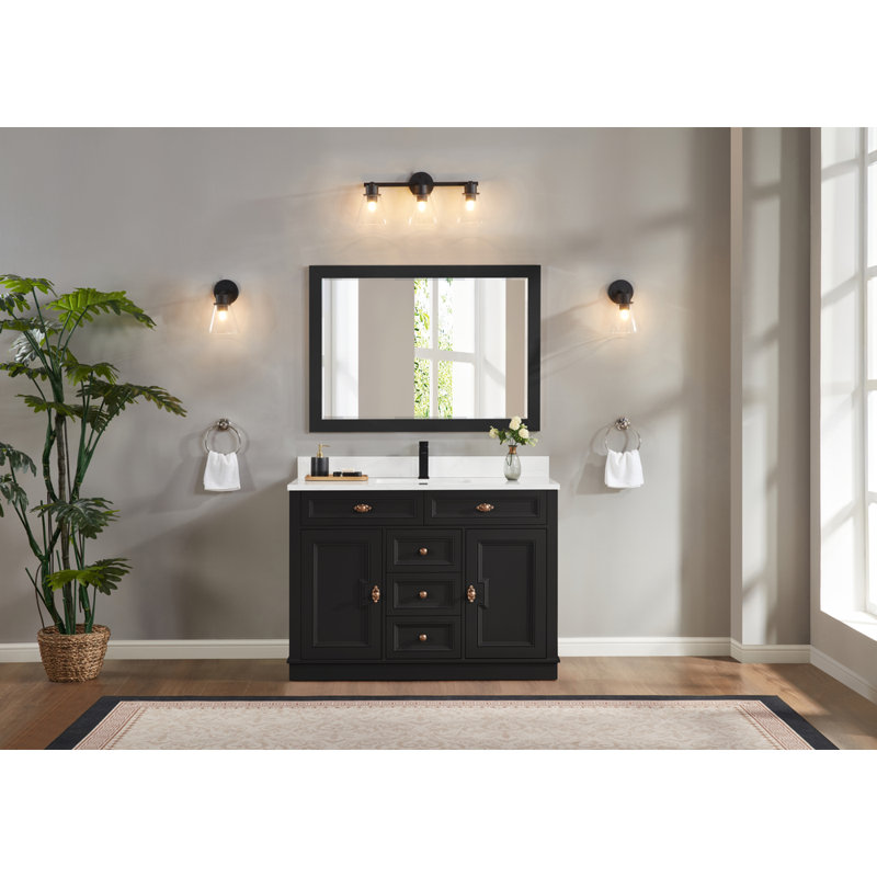 48" Solid Wood Sink Vanity  With 1' Artificial Stone Top, Tricorn Black, Rose Gold
