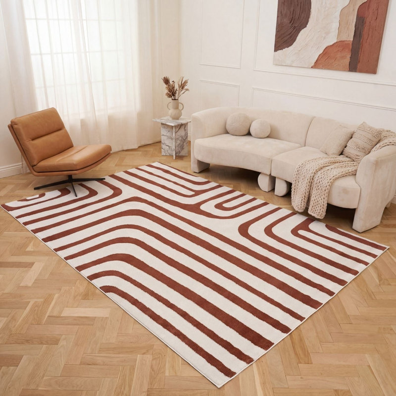 Loft Modern Curved Line Living Room Area Rug and Runner Soft Pile, Rectangle 200 x 290 cm, Orange/Ivory