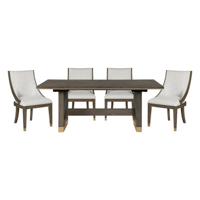 Modern Brown Finish 5Pc Dining Set Extension Dining Table And 4X Armchairs Set Gold Tipping Upholstered Dining Kitchen Furniture