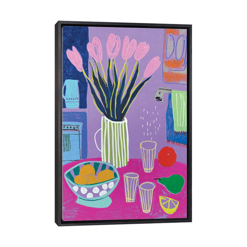 «Pink Tulips And Purple Morning», reproduction d'art sur toile encadrée, 40" x 26", Framed Canvas, Distressed Black